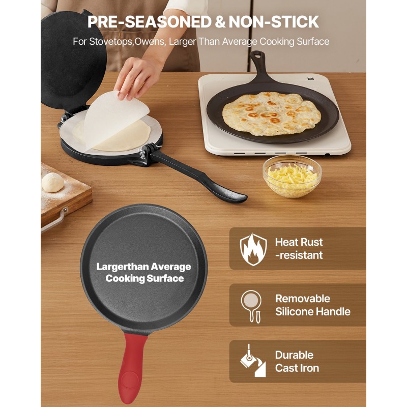 Valurautainen 8-tuumainen tortillaprässi paistinpannulla ja 100 leivinpaperiarkkia