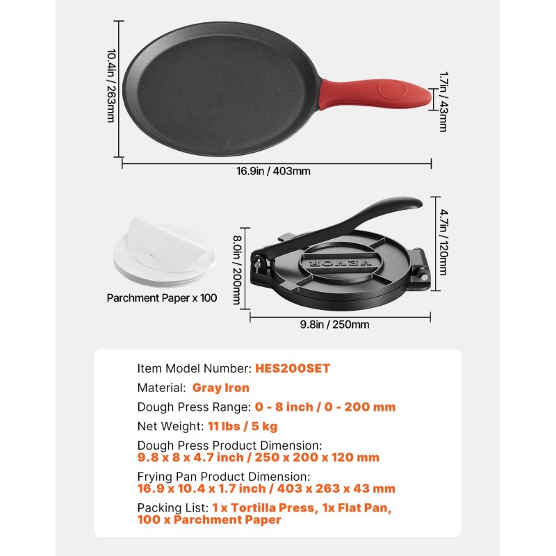 Valurautainen 8-tuumainen tortillaprässi paistinpannulla ja 100 leivinpaperiarkkia
