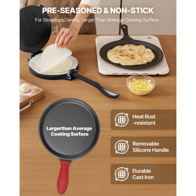 Tortillaprässi valurautainen 10 tuuman paistinpannulla ja 100 leivinpaperiarkilla