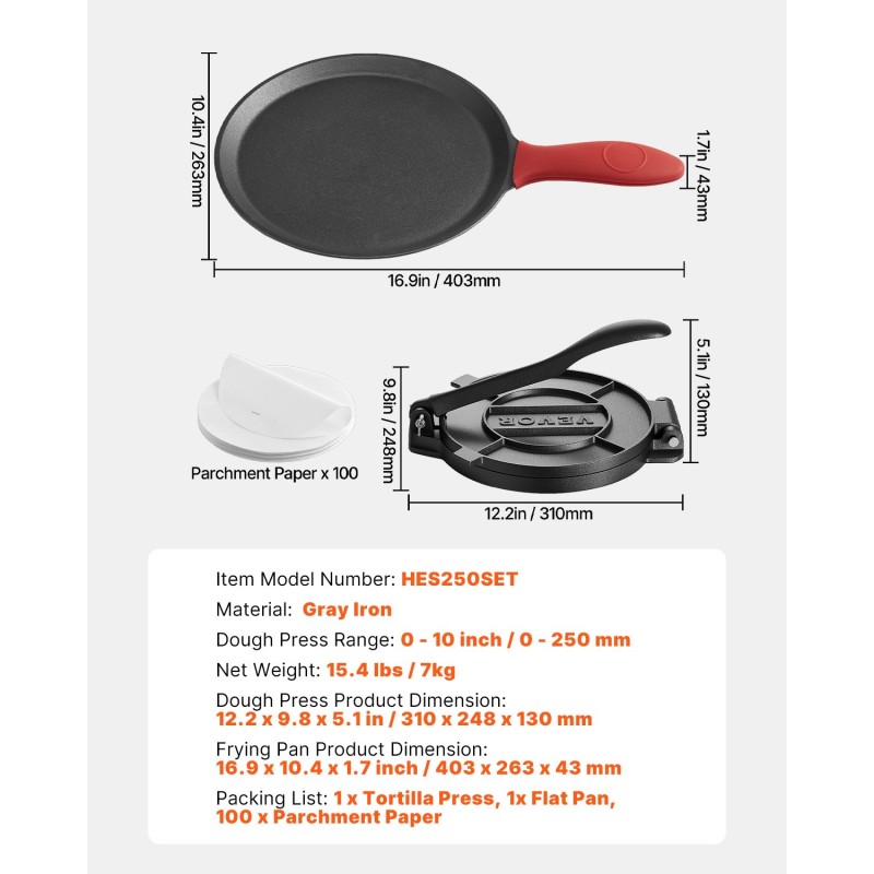 Tortillaprässi valurautainen 10 tuuman paistinpannulla ja 100 leivinpaperiarkilla