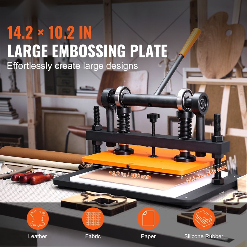 Käsikäyttöinen nahkaleikkuri ja kohokuviointikone 360 x 260 mm 12 mm puristusisku teräsrunko