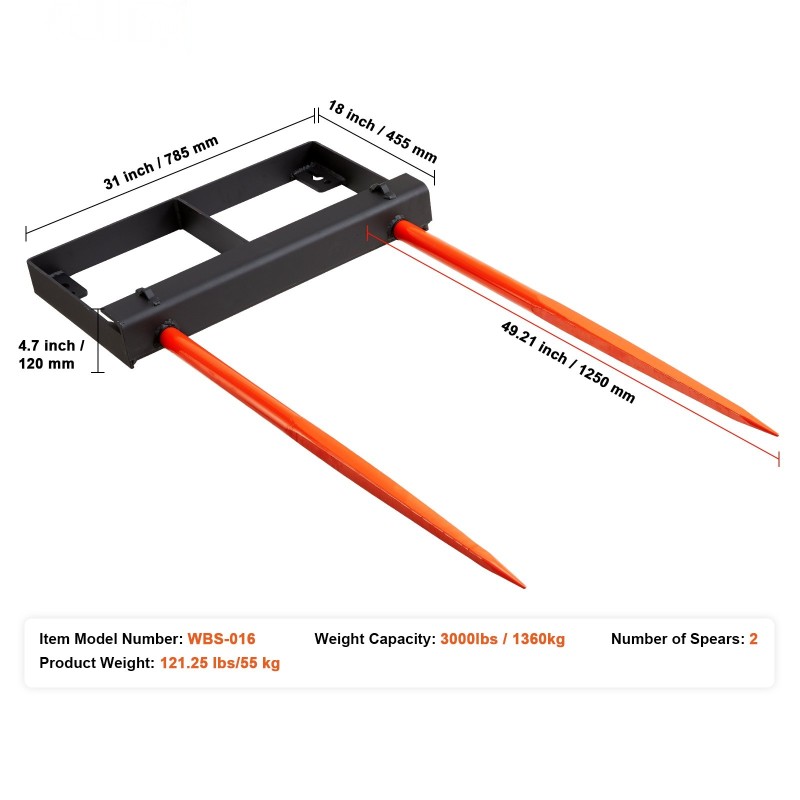 Heinäpaalipiikki korkealujuuksinen jousiteräs 1360 kg kantavuus 2 pääpiikkiä 49 tuumaa kauhakiinnitteinen