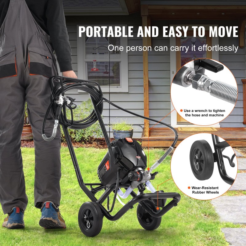 Jalustallinen ilmaton maaliruisku 750W 3000PSI kumipyörillä sisä ja ulkokäyttöön
