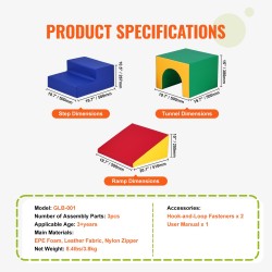 Pehmeä vaahtomuovinen kiipeilytunneli kolmeosainen portailla ja liukumäellä sisäleikkeihin yli kolmivuotiaille