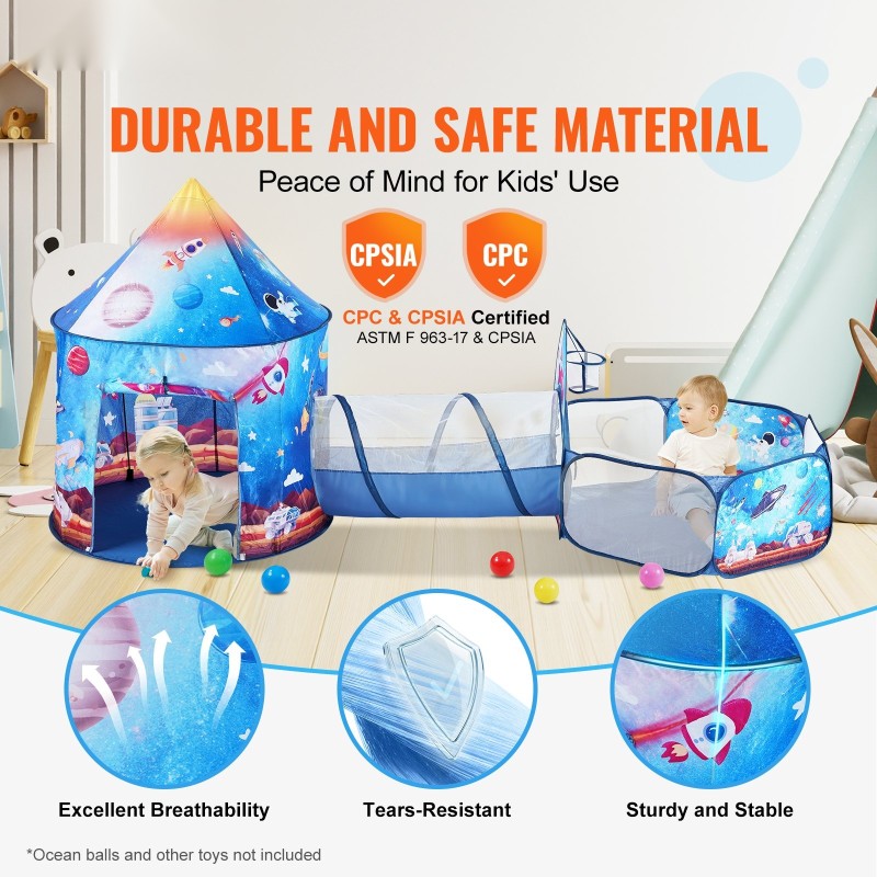 Leikkisetti 3-osainen polyesterikangas teräslankarunko tunnelilla ja pallomeri 3–6 vuotta