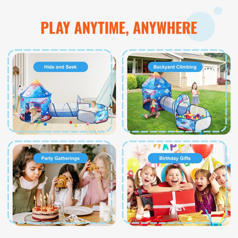 Leikkisetti 3-osainen polyesterikangas teräslankarunko tunnelilla ja pallomeri 3–6 vuotta