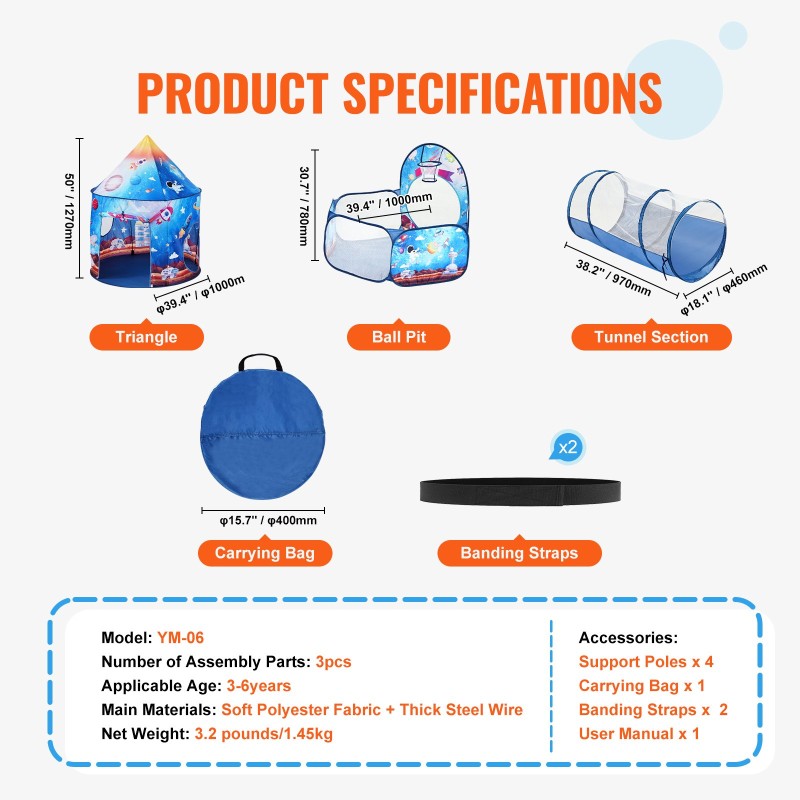 Leikkisetti 3-osainen polyesterikangas teräslankarunko tunnelilla ja pallomeri 3–6 vuotta