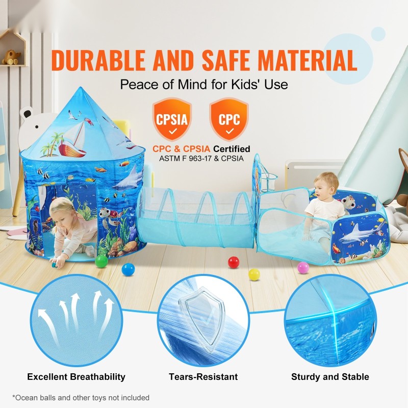 Leikkitelttasetti 3-osainen polyesterikangas teräslanka pallomeri tunneli sisä- ja ulkokäyttö