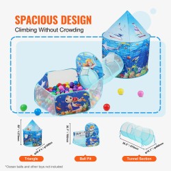 Leikkitelttasetti 3-osainen polyesterikangas teräslanka pallomeri tunneli sisä- ja ulkokäyttö