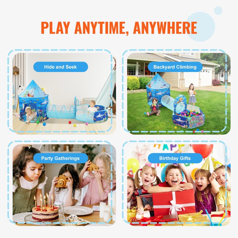 Leikkitelttasetti 3-osainen polyesterikangas teräslanka pallomeri tunneli sisä- ja ulkokäyttö