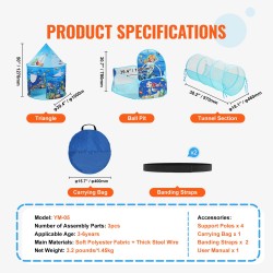 Leikkitelttasetti 3-osainen polyesterikangas teräslanka pallomeri tunneli sisä- ja ulkokäyttö