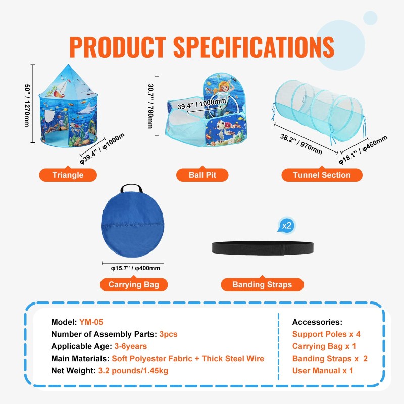 Leikkitelttasetti 3-osainen polyesterikangas teräslanka pallomeri tunneli sisä- ja ulkokäyttö