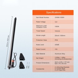 Lineaaritoimilaite 12 V 500 mm iskunpituus 1000 N nopea IP54 alumiiniseos