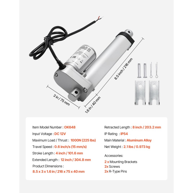 Lineaaritoimilaite 12V alumiinirunko 101,6 mm isku 1000N 15 mm/s IP54 säädettäviin pöytiin
