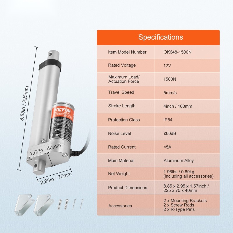 Lineaaritoimilaite 12 V 1500 N 100 mm iskunpituus IP54-suojattu alumiiniseos