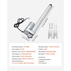 12V lineaaritoimilaite alumiiniseosrunko 304,8 mm iskunpituus IP65 suojaus 3000N työntövoima kiinnitystelineellä