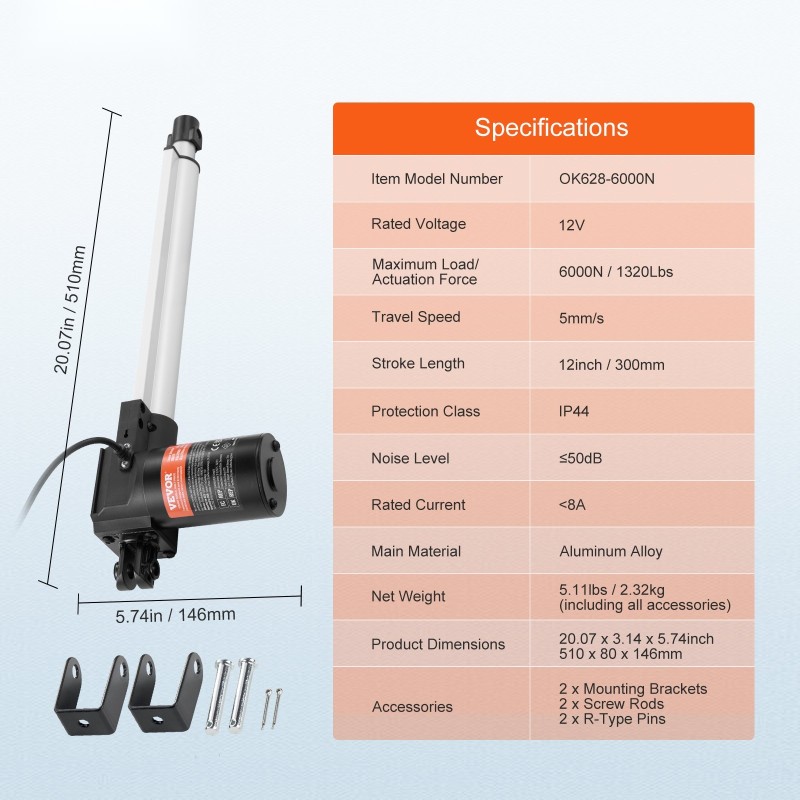 Lineaaritoimilaite raskaan käytön 12V 300 mm 6000N IP44 alumiiniseos