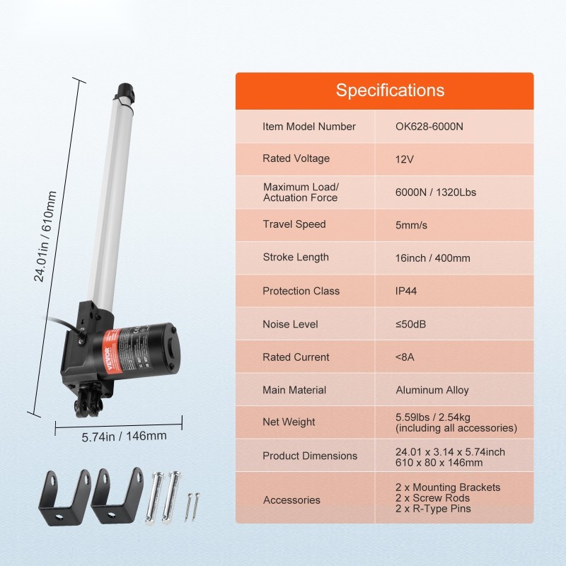 Lineaaritoimilaite 12 V 400 mm iskunpituus 6000 N työntövoima alumiiniseos IP44