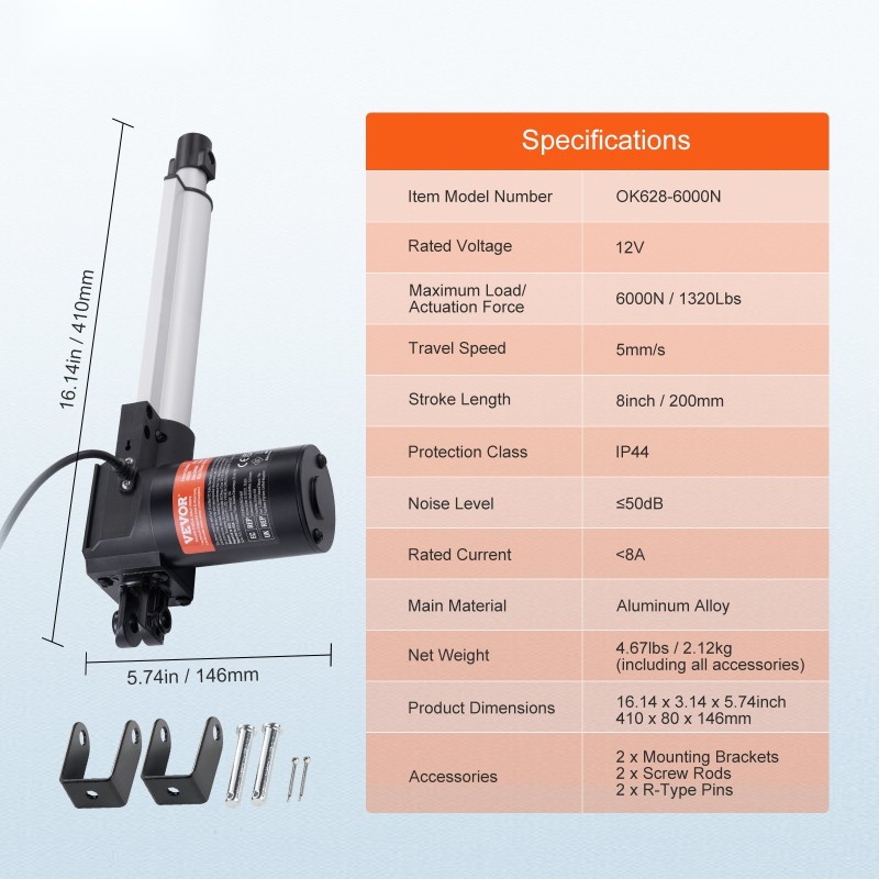 Lineaaritoimilaite 12 V 200 mm iskunpituus työntövoima 6000N 5 mm/s alumiiniseosrunko IP44
