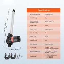 Lineaaritoimilaite 12 V 350 mm isku 6000 N työntövoima IP44 alumiiniseosrunko