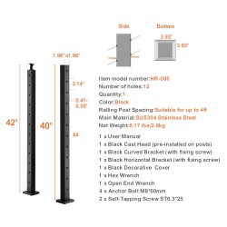 Kaapelikäsijohteen pylväs 42 tuumaa ruostumatonta terästä 30 asteen kulmarei'illä 12 reikää