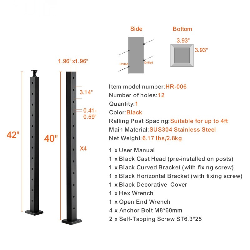 Kaapelikäsijohteen pylväs 42 tuumaa ruostumatonta terästä 30 asteen kulmarei'illä 12 reikää