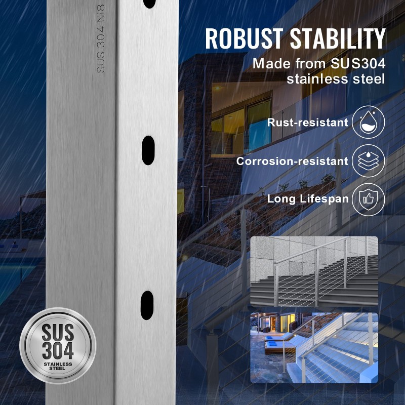 Kaapelikaidetolppa 42 tuumaa profiili 2x2 ruostumaton teräs 30 asteen reiät 12 reikää