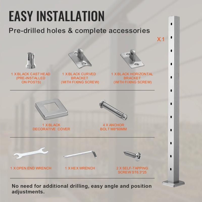 Kaapelikaidetolppa 42 tuumaa profiili 2x2 ruostumaton teräs 30 asteen reiät 12 reikää