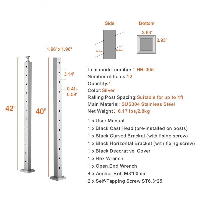 Kaapelikaidetolppa 42 tuumaa profiili 2x2 ruostumaton teräs 30 asteen reiät 12 reikää