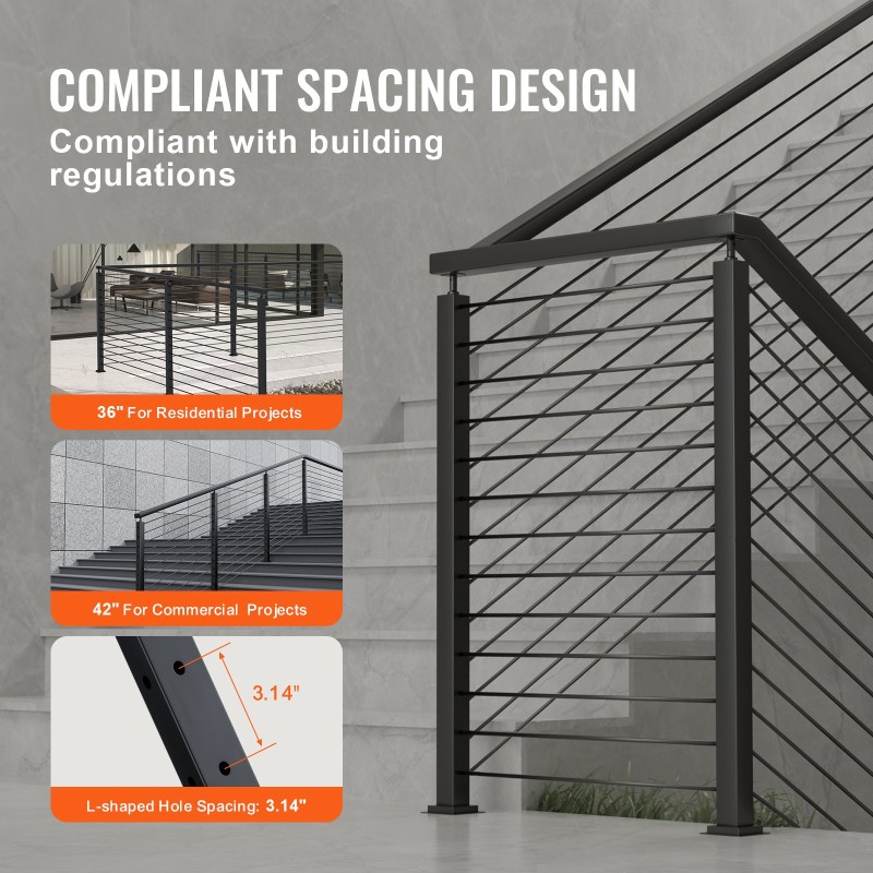 Kaidepylväs L-muotoinen 42-tuumainen SUS304-ruostumaton teräs musta 12 reikää kulmiin
