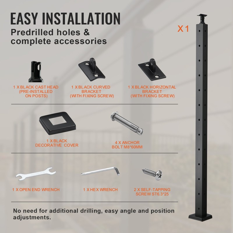 Kaidepylväs L-muotoinen 42-tuumainen SUS304-ruostumaton teräs musta 12 reikää kulmiin