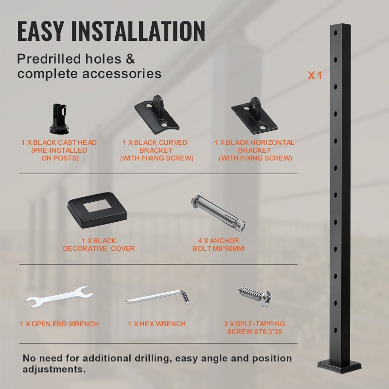 Kaapelikaihdetolppa ruostumaton teräs SUS304 42 tuumaa 30 asteen 12 reikää musta portaisiin