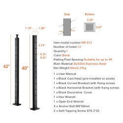 Kaapelikaihdetolppa ruostumaton teräs SUS304 42 tuumaa 30 asteen 12 reikää musta portaisiin