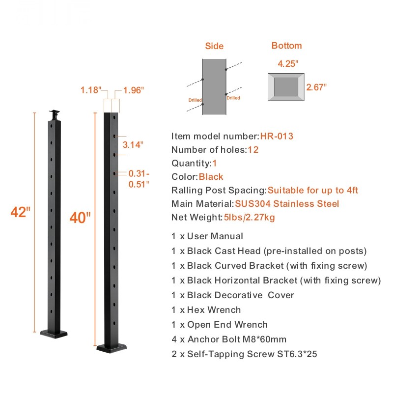 Kaapelikaihdetolppa ruostumaton teräs SUS304 42 tuumaa 30 asteen 12 reikää musta portaisiin