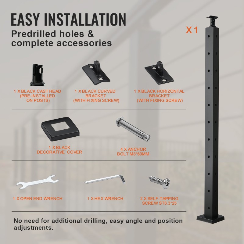 L-muotoinen kaidetolppa 36-tuumainen ruostumaton teräs kymmenen esiporattua reikää kulmiin