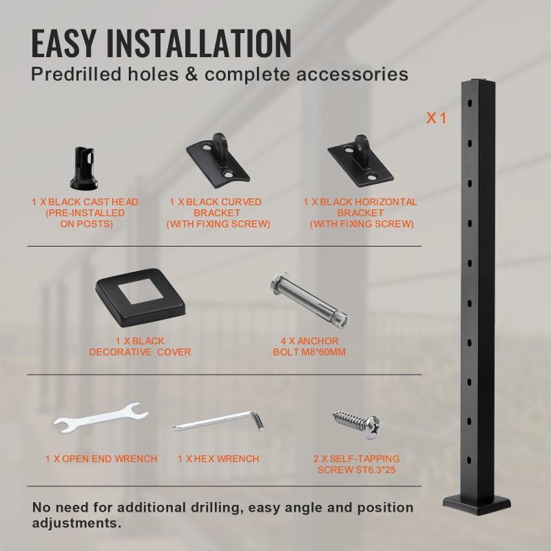 Vaijerikaidepylväs SUS304 ruostumatonta terästä 91,4 cm 30 asteen reiät musta