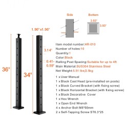 Vaijerikaidepylväs SUS304 ruostumatonta terästä 91,4 cm 30 asteen reiät musta