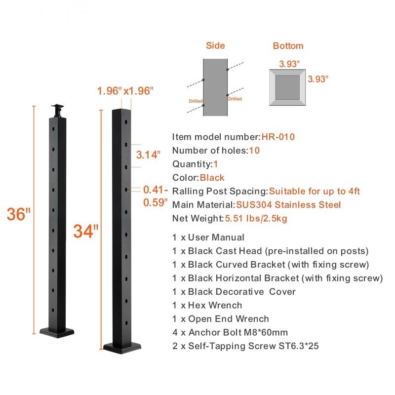 Vaijerikaidepylväs SUS304 ruostumatonta terästä 91,4 cm 30 asteen reiät musta