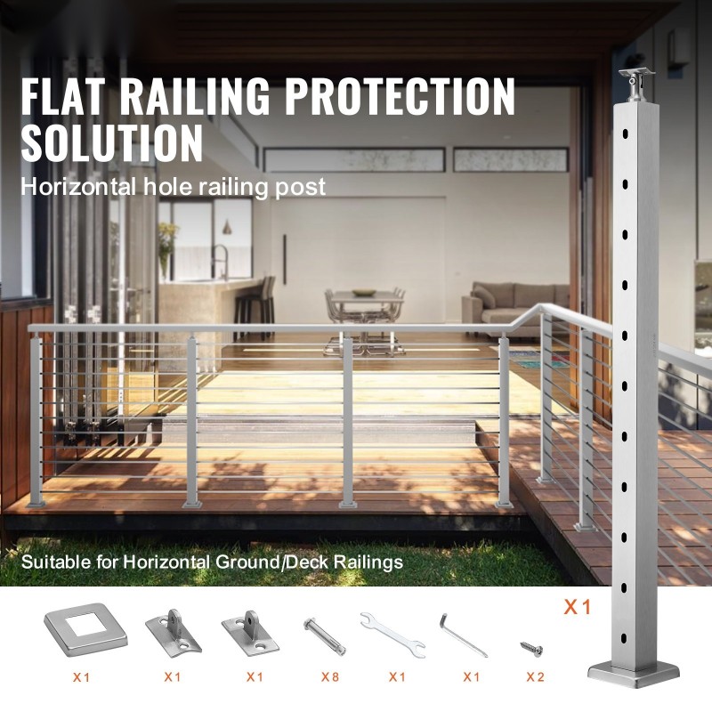 Vaijerikaidepylväs ruostumaton teräs 91,4 senttimetriä vaakareikäinen hopeanvärinen yksi kappale terassikaiteille