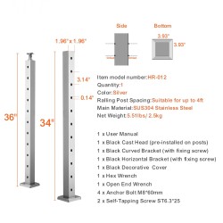 Vaijerikaidepylväs ruostumaton teräs 91,4 senttimetriä vaakareikäinen hopeanvärinen yksi kappale terassikaiteille