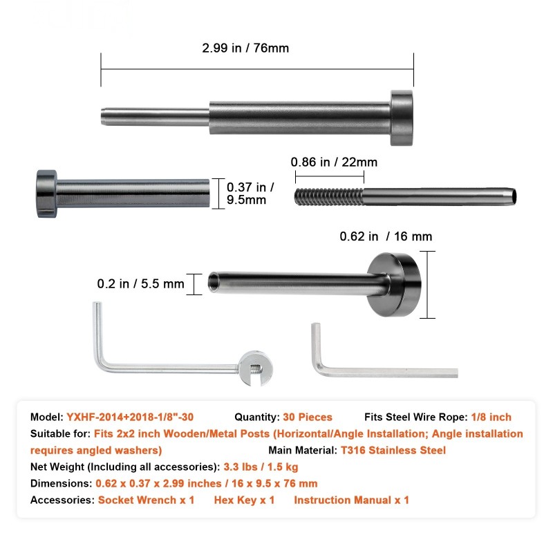 Kaapelikaidesarja T316 ruostumatonta terästä 3,2 mm vaijerille 30 kappaletta puu ja metallitolppiin
