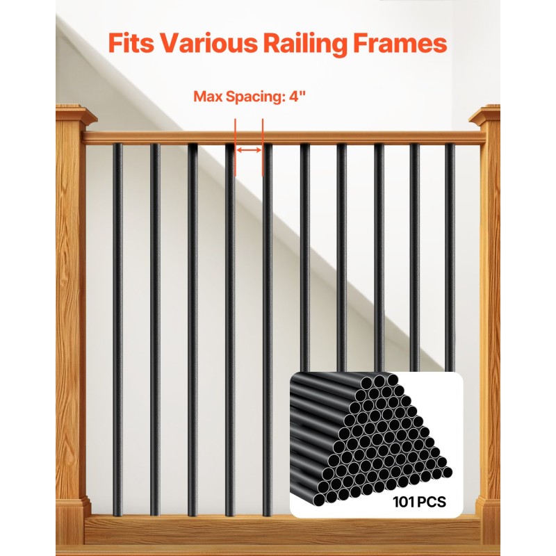 Alumiiniset pyöreät kaidepinnat 101 kappaletta 19 millimetriä 813 millimetriä musta