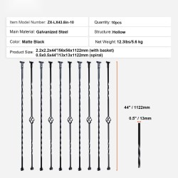 Galvanoidut teräskaidetangot 13x13x1122 mm ontto 10 kpl mattamusta portaikkoihin
