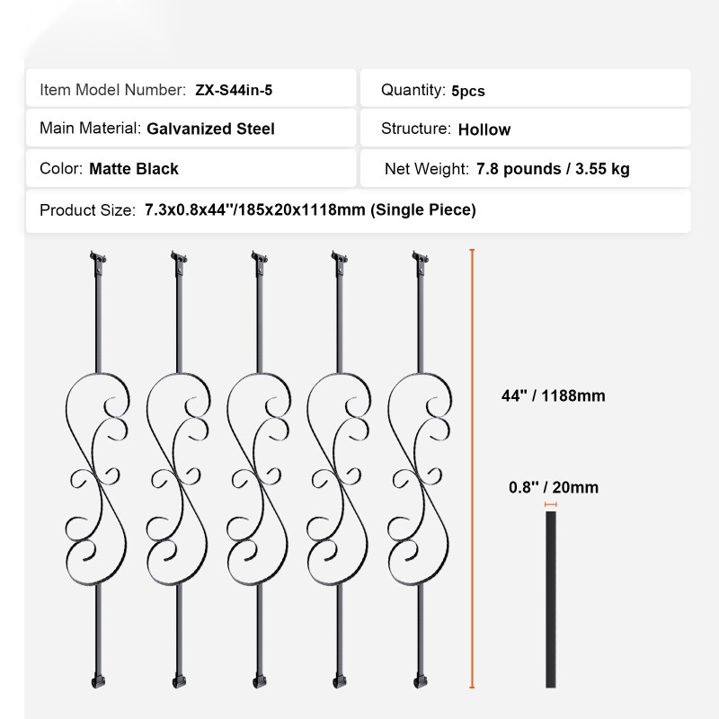 Kaidepylväät galvanoitua terästä 1118 mm 5 kpl mattamusta S-muotoiset
