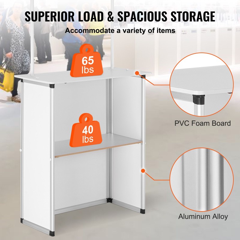 Kannettava messutiski alumiinirunko puutaso 785 x 380 x 1815 mm valkoinen PVC-tausta