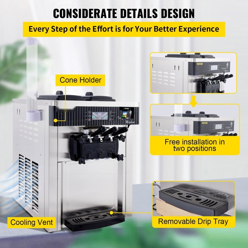 Pöytämallinen pehmytjäätelökone ruostumaton teräs 2200 watin kaksi kuuden litran säiliötä ravintoloihin