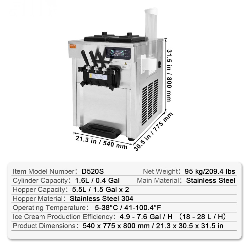 Pöytämallinen pehmytjäätelökone ruostumatonta terästä 2×5,5 l säiliöt 18–28 l tunnissa 1650 W