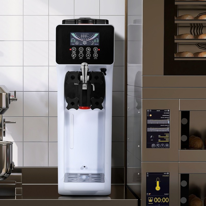 Pöytämallinen pehmytjäätelökone ammattilaiskäyttöön 10L/h 900W 4L säiliö 1.6L sylinteri ruostumaton teräs