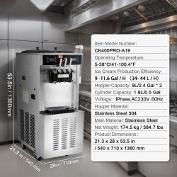Pehmytjäätelökone ammattikäyttöön kaksi yhdeksän litran ruostumatonta terässäiliötä 34–44 litraa tunnissa