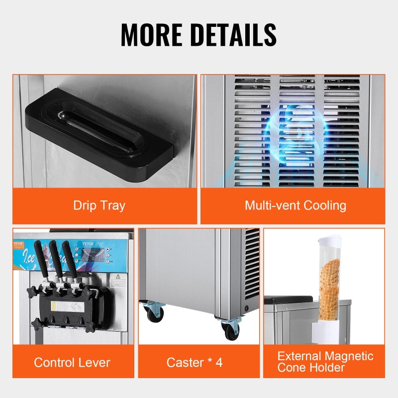 Lattiamallinen ruostumattomasta teräksestä pehmytjäätelökone 21–31 litraa/tunnissa 1500 wattia 2 kpl 5,5 l